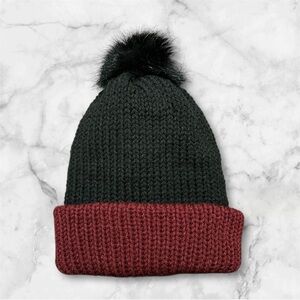Handmade Black and Red Knit Beanie with Faux Pom